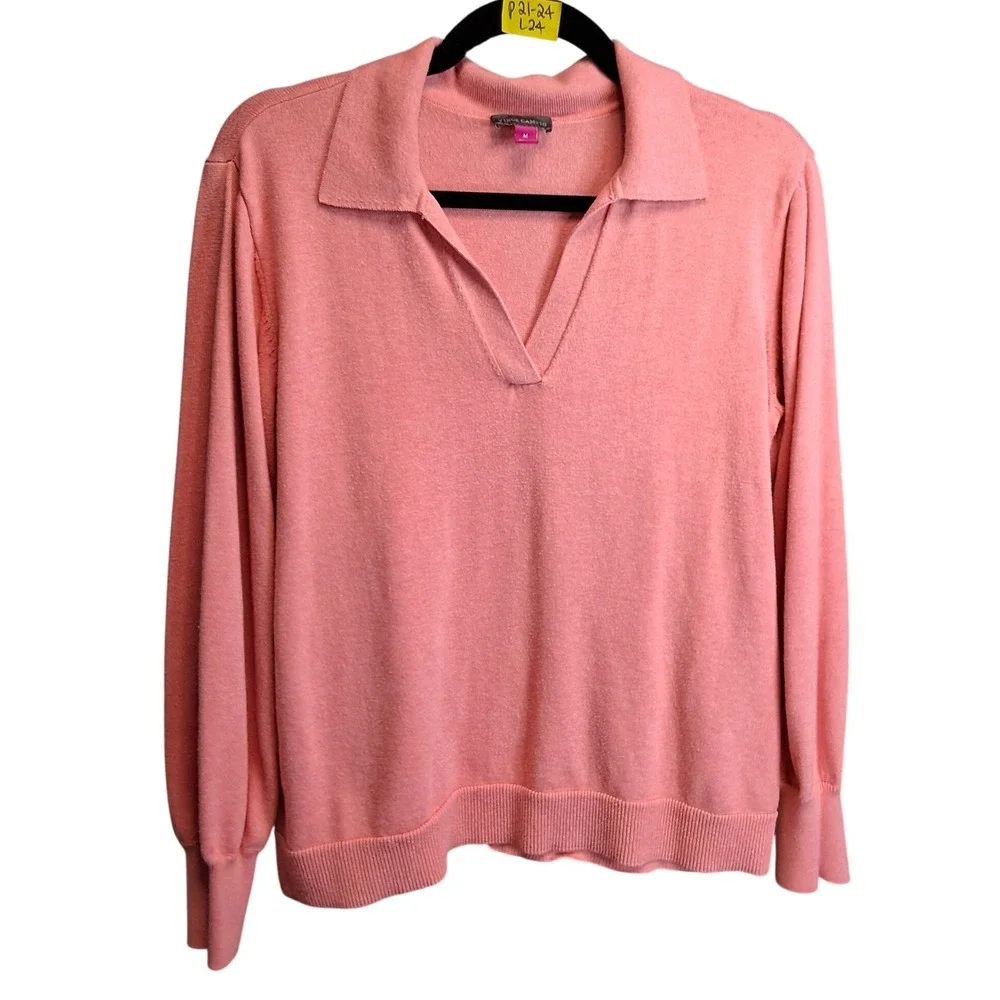 Vince Camuto Womens Coral Pink Polo V-Neck Balloon Sleeve Knit Sweater M